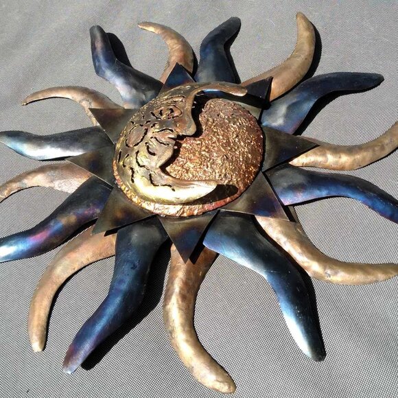 Gorgeous Mixed Metals Handmade Celestial Sunburst & Half Moon Face Sculpture - Picture 10 of 12
